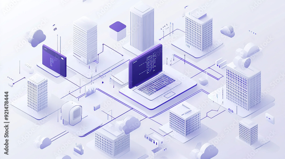Poster isometric illustration of cloud computing with computers and buildings