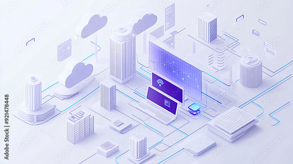Poster isometric illustration of cloud computing with computers and buildings
