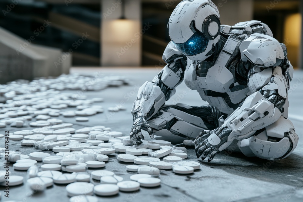Poster robotic humanoid crouched on a desolate terrain exploring the limits of ai driven exploration