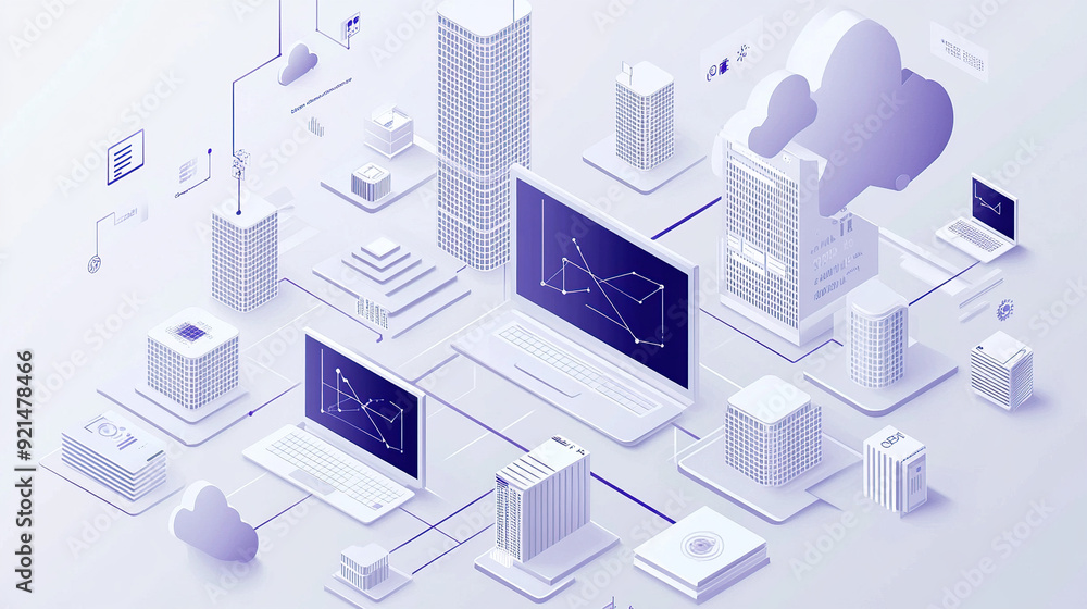Poster isometric illustration of cloud computing with computers and buildings