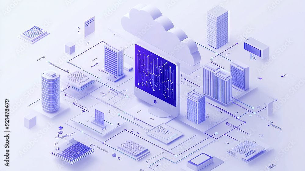 Poster isometric illustration of cloud computing with computers and buildings