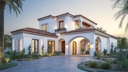 Fototapeta premium Modern white two-story home with stone driveway and palm trees in front.