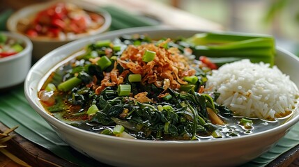 Traditional Indonesian sayur asem kangkung featuring a spicy and sour water spinach soup garnished with fried shallots and served alongside fluffy steamed rice