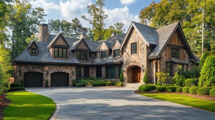 Obraz premium Stone and wood exterior of a luxury home with a paved driveway and lush green lawn.