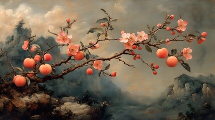 Auspicious Peach in Classic Landscape: A peach depicted in a traditional landscape setting with detailed brushwork, symbolizing health and longevity