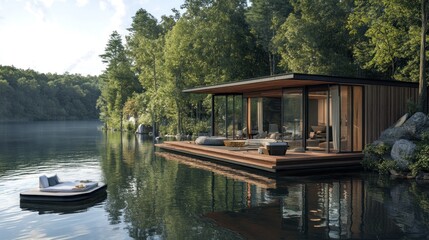 Modern cabin on a lake with a floating deck.