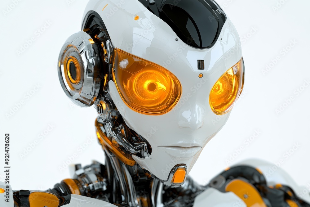 Poster advanced humanoid robot with intricate eye mechanics symbolizing cutting edge optical technology