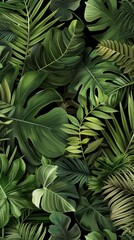 Dense foliage of various tropical plants creates a vibrant, green backdrop full of life and texture