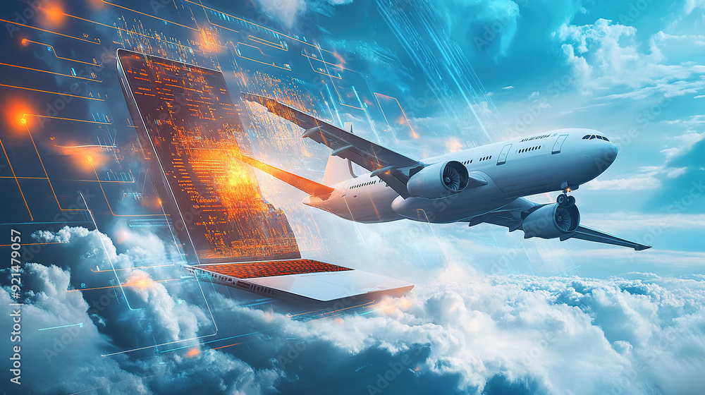 Poster 3d rendering of an airplane flying over a laptop with a digital data and cloud technology background