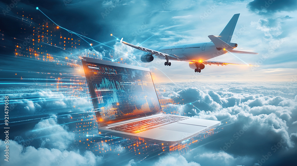 Poster 3d rendering of an airplane flying over a laptop with a digital data and cloud technology background
