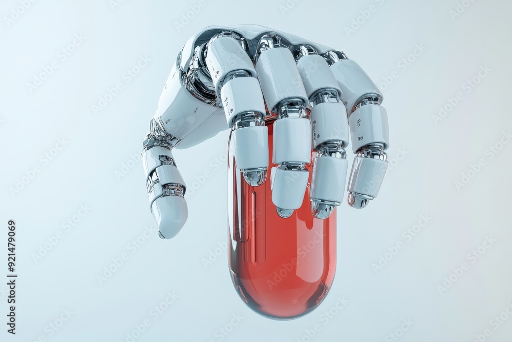 Aufkleber minimalistic robotic figure in a red setting holding a sleek capsule emphasizing streamlined pharmac