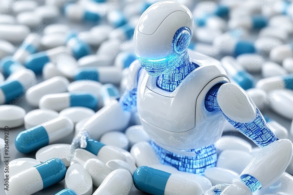 Canvas Prints blue humanoid robot examining pharmaceutical pills highlighting the role of ai in health technology