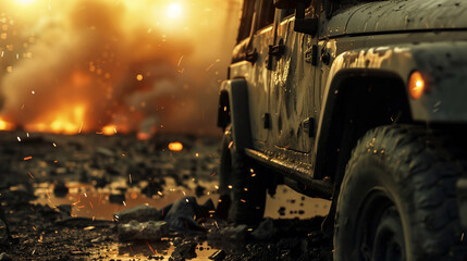 Obraz premium close-up detail of a damaged army vehicle amidst the ruins of a battlefield.