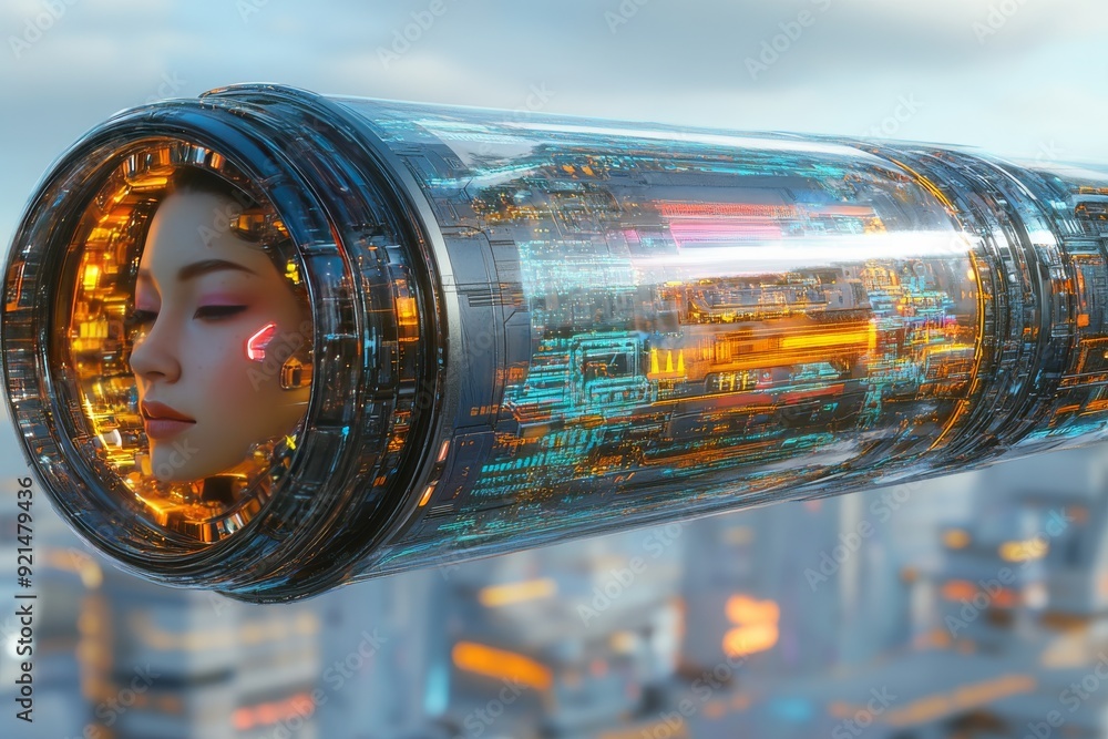 Poster robotic figure with illuminated facial features encapsulated in a cylindrical capsule symbolizing pr
