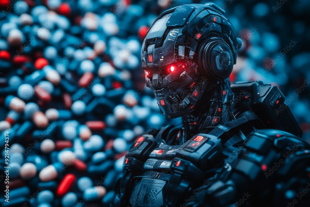 Aufkleber red eyed robot with a sinister look in a dimly lit environment hinting at the darker side of ai tech