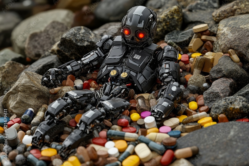 Poster robotic soldier in rough terrain equipped with advanced technology representing ai in defense applic