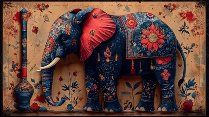Fototapeta premium Auspicious Elephant in Classic Style: An elephant depicted with traditional artistic elements and intricate patterns, symbolizing strength and success