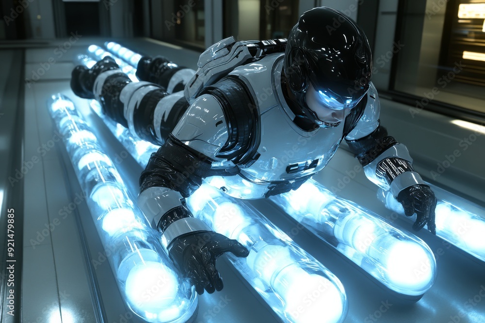 Aufkleber advanced robot racing through a high tech corridor with blue neon lights showcasing futuristic speed