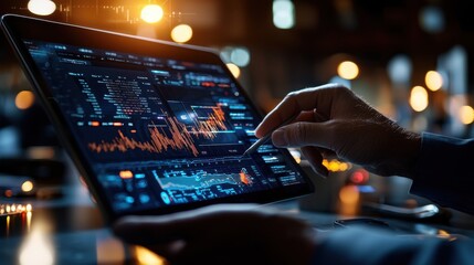 Close up of a financial technology expert explaining cryptocurrency trends during a startup meeting. The expert is using a digital tablet to show detailed graphs and data, with a blurred background