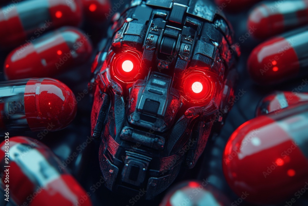 Poster robotic face with red glowing eyes surrounded by capsules representing the convergence of ai and pha