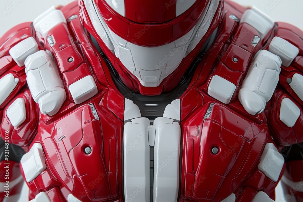 Poster robotic warrior in red and white armor standing strong in a high tech environment symbolizing the st