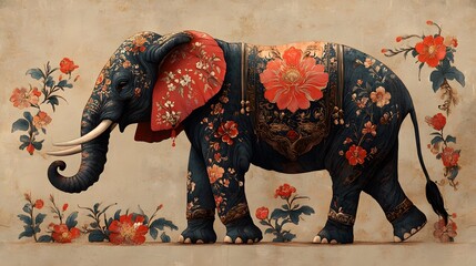 Obraz premium Auspicious Elephant with Traditional Motifs: An elephant illustrated with classic Chinese motifs, representing strength and good fortune