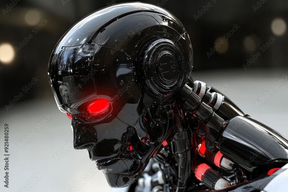 Sticker Black futuristic robot with glowing red eyes in a dark environment embodying the vigilance and power of AI technology