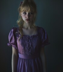 Fototapeta premium Melancholic Young Woman in a Lavender Dress in a Low Light Setting. Generative AI.