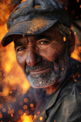 Elderly blacksmith working with sparks flying in a dark workshop