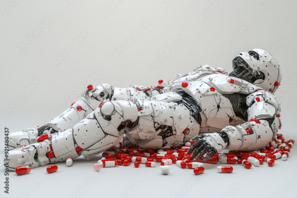 Poster futuristic robot in a reclined pose surrounded by red capsules symbolizing the intersection of techn