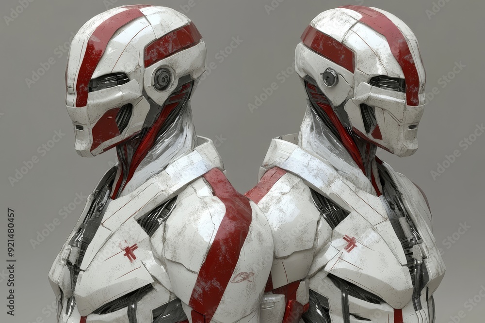 Aufkleber dual robotic warriors in red and white armor standing back to back representing unity and strength i