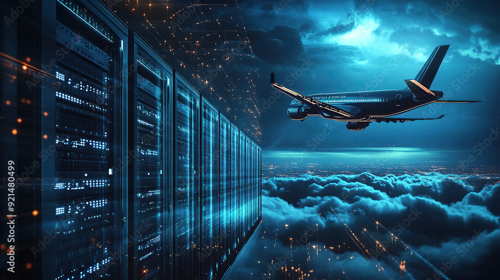 Poster digital air flight background with airplane flying over dark blue digital clouds and computer server