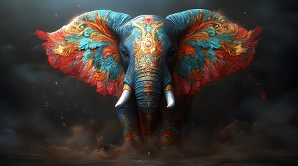 Obraz premium Elegant Auspicious Elephant with Digital Effects: An elephant with digital effects and vibrant visuals, representing contemporary strength and prosperity