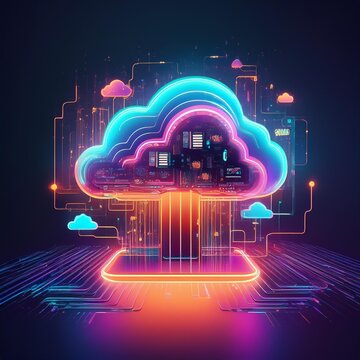 Abstract illustration of cloud computing security services in a clean and neon vibes, Generative AI