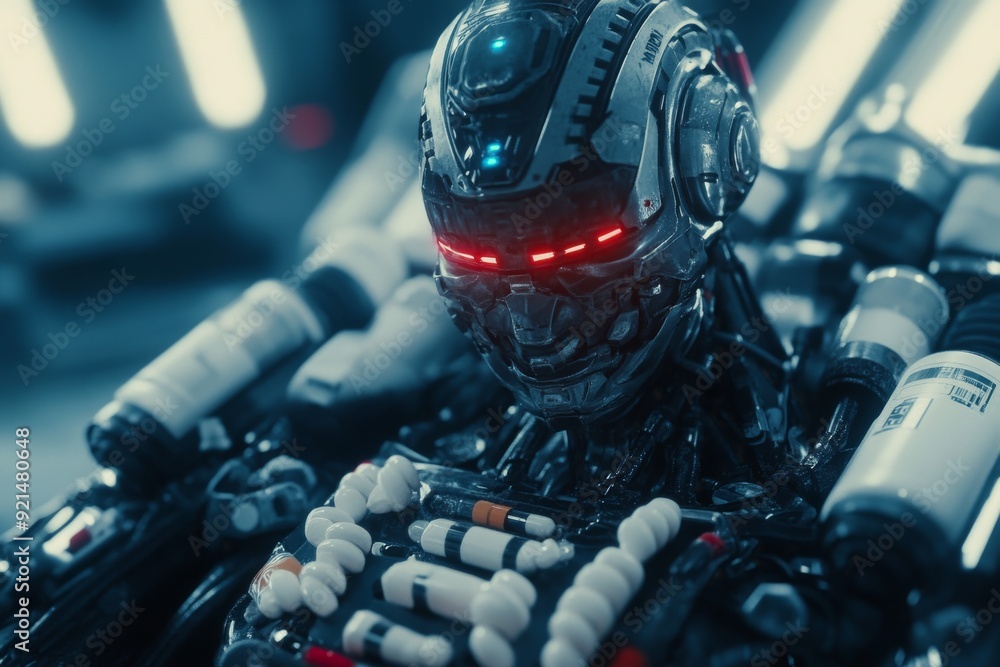 Poster dark futuristic robot with glowing red eyes in a high tech environment symbolizing vigilance and pow