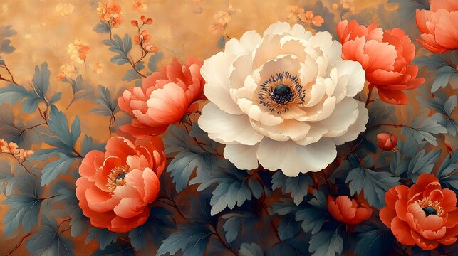 Auspicious Peony with Traditional Motifs: A peony illustrated with classic Chinese motifs and patterns, reflecting prosperity and elegance