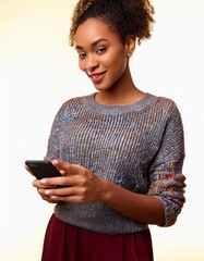 A woman is holding a phone and smiling