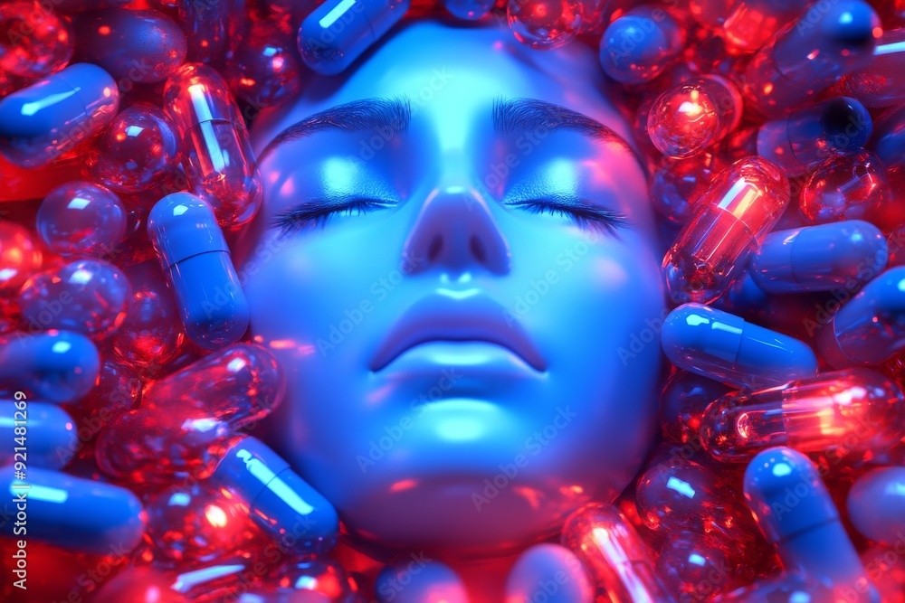 Poster artistic portrayal of a humanoid face submerged in colorful capsules representing the fusion of tech
