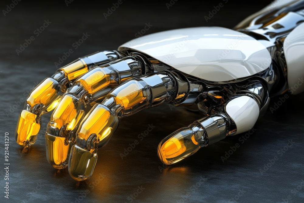 Poster futuristic robotic hand with glowing yellow fingertips symbolizing precision and control in advanced