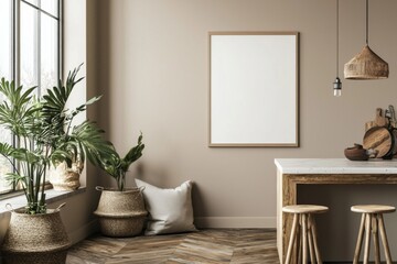 Fototapeta premium Minimalist Kitchen interior with Poster Mockup created with Generative AI