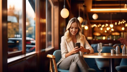 A woman is sitting in a cafe and looking at her phone