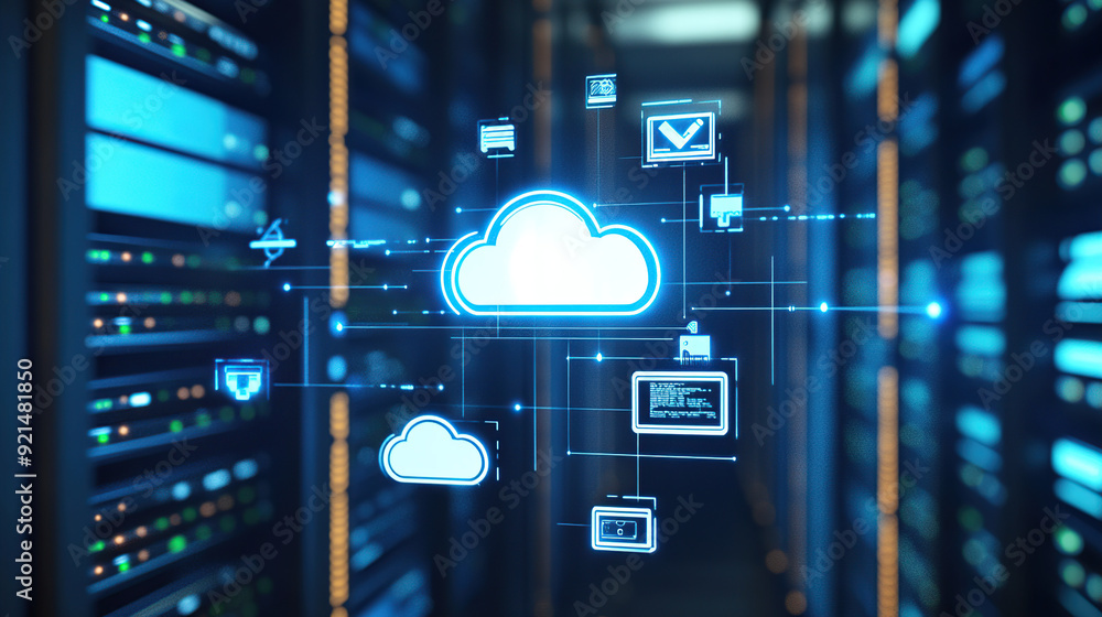 Poster digital illustration of cloud storage technology with icons and data connection in server room backg