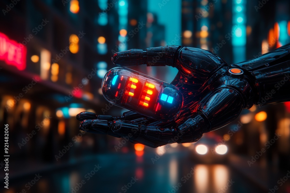Poster close up of a robotic hand with glowing capsules in a vibrant urban night setting symbolizing the in