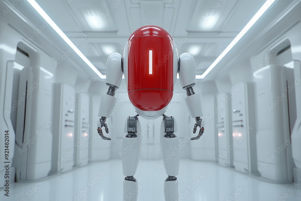Aufkleber humanoid robot standing alone in a sterile white room representing isolation in a futuristic and cli