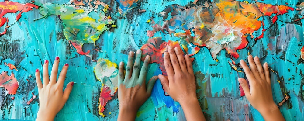 Poster three hands resting on a colorful world map