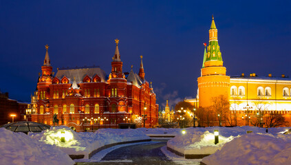 Fototapeta premium View from Manezhnaya Square to State Historical Museum and part of the Kremlin in Moscow at night