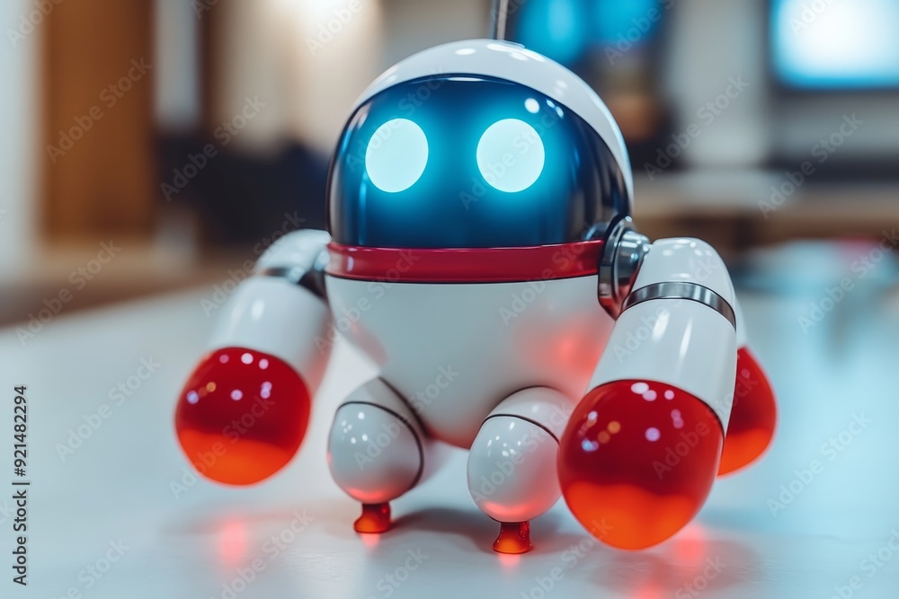 Poster small blue and white robot with glowing eyes in a playful setting blending technology and innocence