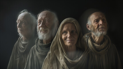 Naklejka premium Group of elderly figures in traditional religious attire, representing saints on All Saints' Day.