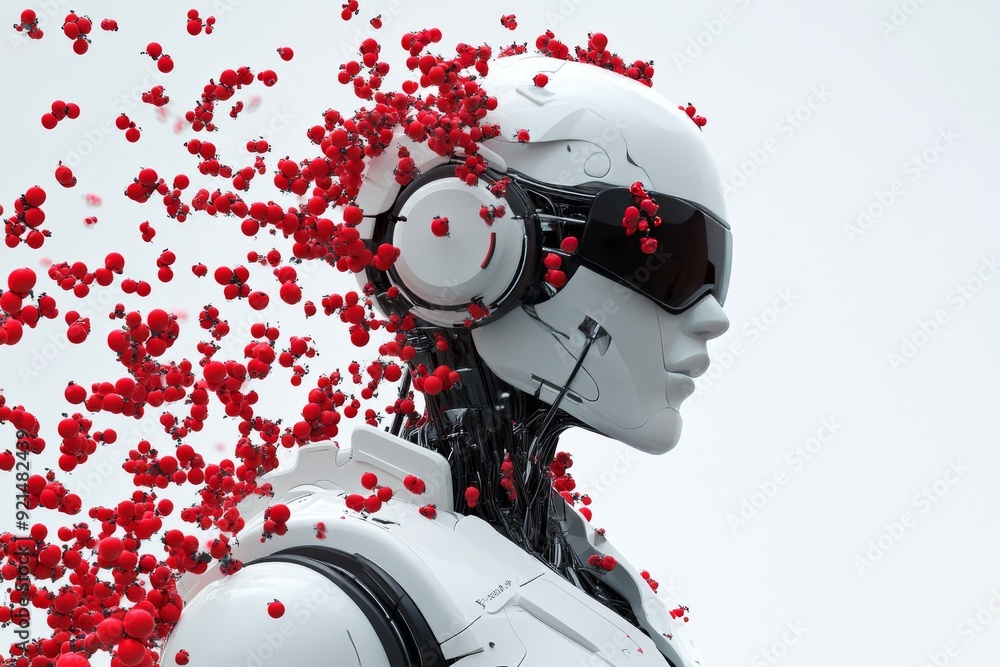 Aufkleber humanoid robot with capsules exploding from its head symbolizing the impact of pharmaceuticals on ai