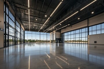 Modern Interior with Expansive Windows and Polished Floor